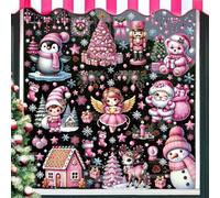 Fassory 9 Sheets 120 Pcs Pink Christmas Window Stickers, Reusable Double-Side Static Xmas Window Clings, Window Stickers Christmas Scene (Rose Pink Cuties)