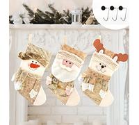 Fassory Christmas Stocking Set of 3 with Anti-Slip Hooks Hangers, Xmas Sock Gift Bag Candy Pouch Bag, Large Christmas Tree Ornament, 3D Santa Snowman Reindeer Fireplace Hanging Decors (Gold & Cream)