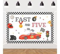 Fast and Five Birthday Backdrop Racing Car 5th Birthday Decorations Checkered Vintage Race Car Photography Background Backdrop for Boys Racing Fifth Birthday Party Supplies Photo Booth Props 5×3ft