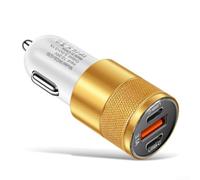 Fast Car Charger Dual USB C PD 15W 3.1A Multi Port Adapter for iPhone for samsung for ipad - Compact Metal Alloy Design for Dashboard Use - Black Silver Finish(Yellow)