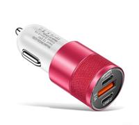 Fast Car Charger Dual USB C PD 15W 3.1A Multi Port Adapter for iPhone for samsung for ipad - Compact Metal Alloy Design for Dashboard Use - Black Silver Finish(Pink)