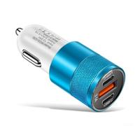 Fast Car Charger Dual USB C PD 15W 3.1A Multi Port Adapter for iPhone for samsung for ipad - Compact Metal Alloy Design for Dashboard Use - Black Silver Finish(Blue)