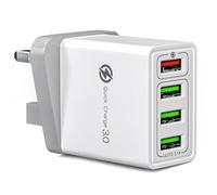 Fast Charger Plug USB Charger - Ultra Fast 4 Port Multi USB Plug Adaptor UK - 33W Quick Charge 3.0 Wall Charger Adapter Plug UK - Phone Charger Plug Fast Charging for iPhone, Samsung, iPad and more