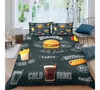 Fast Food Duvet Cover Sets Black Small Single Bedding Set with Zipper Closure, Soft Microfiber Quilt Cover with 2 Pillowcases 40x60cm QH1448