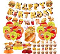 Fast Food Party Decorations, Hot Dog Birthday Party Supplies Includes Potato HAPPY BIRTHDAY Banners, Cake Toppers, Honeycomb Centerpieces, Stickers, and Balloons for Fast Food Birthday Decorations