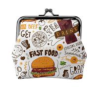 Fast Food Seamless Doodle Style Women's Leather Coin Purse, Small Change Pouch with Kiss-Lock Clasp Closure Buckle Wallet for Girl Gift