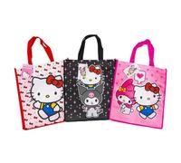 Fast Forward Hello Kitty Reusable Shopping Tote Bags, Kuromi and My Melody Characters, 16 Inch, Pink Black White, 3 Pack