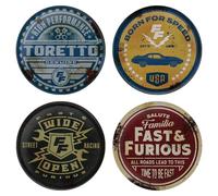Fast & Furious Vintage Style Coasters Set of 4 | Officially Licensed Metal Drink Coasters with Non-Slip Cork Base | 89mm Collectible Barware