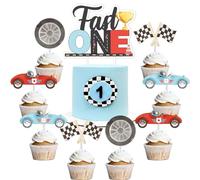 Fast One 1st Birthday Party Decorations - 25pcs Race Car Cake and Cupcake Toppers for Vintage Retro Racing Let's Go Party