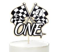 Fast One Birthday Cake Topper, Wooden Race Car Cake Topper Black and White Flag Cupcake Decoration for 1st/First Racing Themed Birthday Party Favor