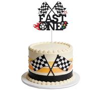 Fast One Cake Topper, Black Glitter Racing-Themed First Birthday Cake Topper Checkered Flags Party Decorations for Boys & Girls Photo Props Supplies
