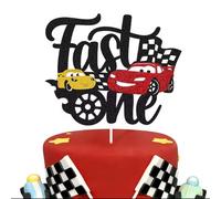 Fast One Cake Topper - Racing Car Themed 1st Birthday Cake Decoration - Glitter Finish with Red & Yellow Cars - Boys First Birthday Party Supplies
