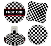 Fast One Checkered Flag Racing 1st Birthday Party Supplies - 64 Piece Boys Racecar First Birthday Tableware Set Includes Large 9" Dinner Plates and 8" Dessert Paper Plates Napkins Cups - Kit for 16