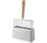 Fast Sifting Cat Litter Scoop with Stand, Metal Sifter with Wooden Handle, Pet Waste Scooper Set with Base for Most Litter Types, Large 11 x 6.7 Inches Professional Cat Cleaning Tool