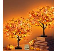 FastDeng 1.5FT Lighted Maple Tree, Artificial Fall Maple Tree with 36 LED Lights, 72 Leaves,6 Acorns, Autumn Tabletop Tree with Burlap Base for Indoor Fall Harvest, Thanksgiving Decorations (2Pack)