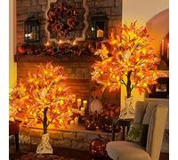 FastDeng 2FT Fall Lighted Maple Tree, 24 Inch Tabletop Artificial Tree with 36 LED Lights, 72 Leaves, 6 Acorn, Timer Battery Operated for Autumn Harvest Home Decor, Thanksgiving Decorations (2 Pack)