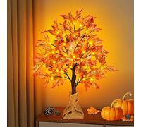 FastDeng 2FT Fall Lighted Maple Tree, 24 Inch Tabletop Artificial Tree with 36 LED Lights, 72 Leaves, 6 Acorn, Timing Battery Operated with Burlap Base for Indoor Autumn Harvest Home Decor
