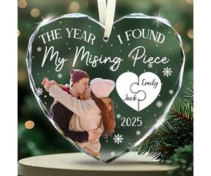 Fastpeace The Year I Found My Missing Piece Personalized Couple Heart Glass Ornament - Custom Names & Year - Romantic First Christmas Together Gift for Boyfriend, Girlfriend, Husband