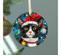 Fastpeace Tuxedo Cat with Santa Hat Christmas Ornament - Stained Glass Style Tuxedo Cat Ornament - Perfect Hanging Decoration for Christmas Tree - Gift for Family, Friends (Tuxedo Cat)