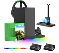 FASTSNAIL 6in1 Vertical Cooling Stand with RGB Light for Xbox Series X,Accessories with 2x1400mAh Batteries,Dual Controller Charging Station,Cooler System with 15-LED Light,Headset Stand,10 Game Slots