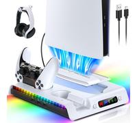 FASTSNAIL Charging Stand with Cooling Fan for PS5/Pro/Slim Console, Vertical Controller Charger Station with 9 RGB Lights & Headset Hook & 3-Level Silent Fan, Cooler Accessories for PS5/Pro/Slim