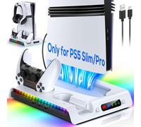 FASTSNAIL Charging Stand with Cooling Fan for PS5 Pro/Slim Console, Vertical Controller Charger Station with 9 RGB Lights & Headset Hook & 3-Level Silent Fan, Cooler Accessories for PS5 Pro/Slim