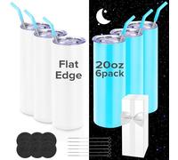 FASTSUB 6 Pack Sublimation Tumblers 20 oz Blank Bulk Luminous Cups Glow in the Dark Straight Stainless Steel Double Wall Vacuum Insulated with Lids and Straws for Tumbler Heat Press White Turn Blue