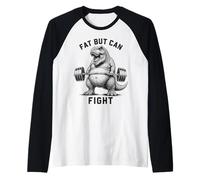 Fat But Can Fight T Rex Strongman Strong Dad Gym Fitness Raglan Baseball Tee