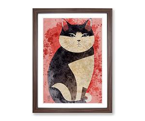 Fat Cat Framed Print | A2 Walnut Framed Wall Art | Ready to Hang | Modern Animal Picture | Living Room Bedroom Lounge Office