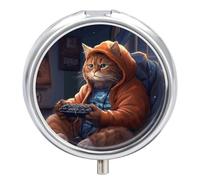 Fat Cat Playing Games Small Pill Box 3 Grids Travel Pill Case Portable Daily Pill Organizer with Anti-Mixing Design Easy to Retrieve Meds for Medication, Vitamin, Supplements