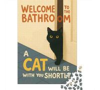 Fat Cat Welcome Bathroom Art 1000 Piece Jigsaw Puzzle for Adults, 52x38cm/1000pcs, White Cardboard Pieces, Screen-Free Leisure And Quiet Weekends
