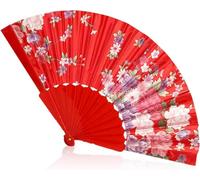 Fat-catz-copy-catz 1x Red Flowers Fabric & Plastic 23cm Length Wedding Chinese Japanese Geisha Costume Dressing up Ladies Foldable Hand Fan