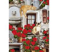 Fat Quarter Cats and Geraniums Cotton Quilting Fabric Kitten Feline Flowers