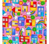 Fat Quarter Color Me Happy Pink Houses Cotton Quilting Fabric - Blank Quilting