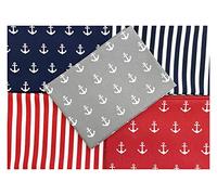 Fat Quarter Fabric Bundle - Navy Blue & Red Nautical Anchors Stripe Mix - Craft Fabric Material