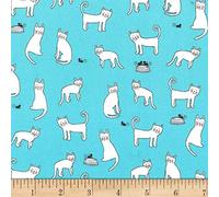 Fat Quarter Paw Prints Cleaver Cat, Mice and Bowls On Blue 100% Cotton Fabric