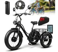 Fat Tire Electric Tricycle for Adults 24 In Cargo Trike 7 Speed Black | Removable Battery High Speed Motor Bright Headlight Rearview Mirror Large Cargo Basket Outdoor Commute