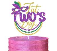 Fat Two's Day Cake Topper, Marid Gras Baby Shower Decorations, Funny Second Birthday Decoration for Baby, Fat Tuesday Boys Girls 2nd Birthday Party Decorations Gold Glitter