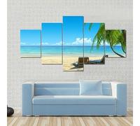 FatAco 5 Panel Wall Art Painting Beautiful Chairs On Idyllic Tropical White Sand Beach Pictures Stretched By Wooden Frame Ready To Hang for Home Decoration Gift