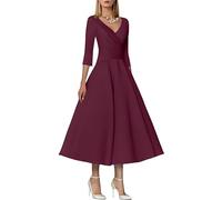 Fatapaese Graceful and Vintage Satin Tea Length Mother of The Bride Dress with Elegant V-Neck and Pleats, A-Line 3/4 Sleeve Formal Gown Burgundy