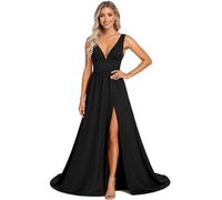 Fatapaese Women's Elegant Bridesmaid Dresses A Line V Neck Sleeveless Floor Length Split Evening Dresses 3007