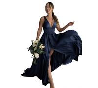 Fatapaese Women's Elegant Bridesmaid Dresses A Line V Neck Sleeveless Floor Length Split Evening Dresses 3007
