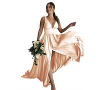 Fatapaese Women's Elegant Bridesmaid Dresses A Line V Neck Sleeveless Floor Length Split Evening Dresses 3007