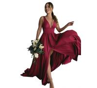 Fatapaese Women's Elegant Bridesmaid Dresses A Line V Neck Sleeveless Floor Length Split Evening Dresses 3007