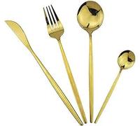 FATASH 24 PCs Stainless Steel Cutlery Set | Modern Dinnerware Include Butter Knife Fork Spoons | Dishwasher Safe Tableware for Home Restaurant Mirror Finish Yellow Gold Plated Silverware Gift Set of 6
