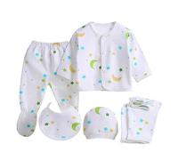 FATASH 5 PCs Newborn Baby Clothes Soft Cotton Outfit Gift Set (0-3 Months) for Boys & Girls, 1 Full Sleeve Top, 2 Pants, 1 Hat, 1 Bib Unisex Infant Night Playsuit - Moon Stars