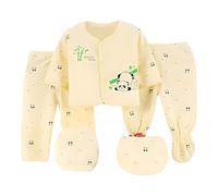 FATASH 5 PCs Newborn Baby Clothes Soft Cotton Outfit Gift Set (0-3 Months) for Boys & Girls, 1 Full Sleeve Top, 2 Pants, 1 Hat, 1 Bib Unisex Infant Night Playsuit - Cream Panda
