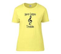 FatCuckoo HERE Comes Treble- Funny Musician, Music Note Women's T Shirt Yellow