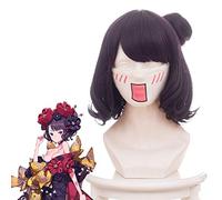 Fate/grand Order FGO Katsushika Hokusai Cosplay Wig 35cm Purple Short Curly Heat Resistant Synthetic Hair with a Bun+ Wig Cap