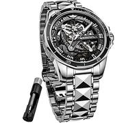 Fate Love Skeleton Mens Watch Automatic Mechanical Self Winding Luxury Sapphire Crystal Tungsten Steel Waterproof Luminous Dress Wrist Watch, Silver/Black, Mechanical,Self-winding